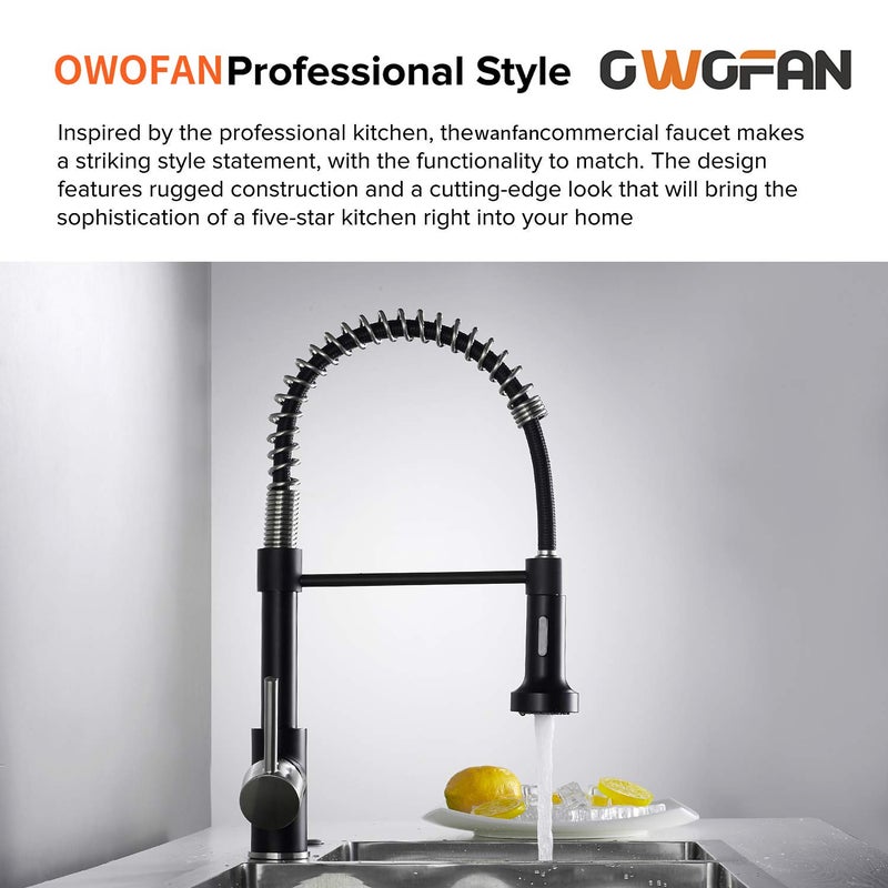 OWOFAN Low Lead Modern Single Handle Pull Down Sprayer Spring Kitchen Faucet, Brass Black&Brushed Nickel Kitchen Sink Faucets - Image 2